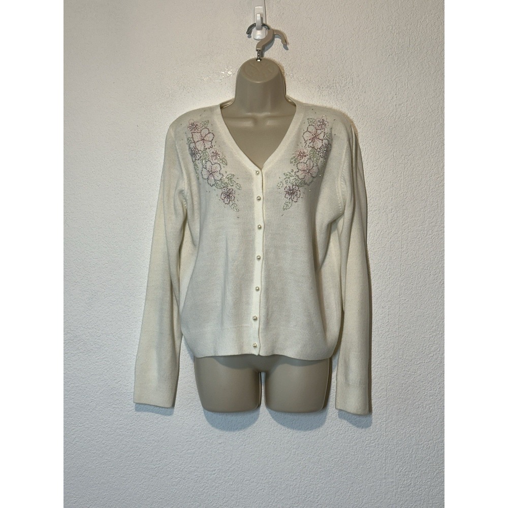 VTG Knit Sweater Cardigan Large Cottagecore Beaded Y2K Fairy Coquette‎